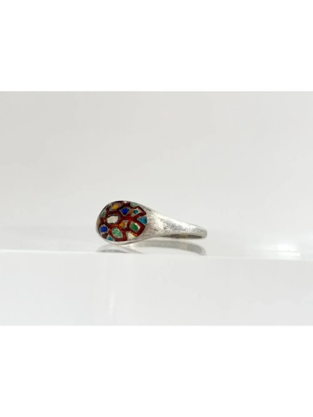 Patchwork Enameled Domed Thailand Made Sterling Silver 925 Vintage Ring - sz 7